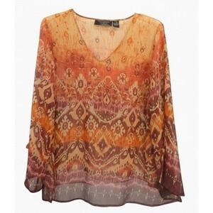 Womens Top 2X Layer Sheer Sequin Boho Southwest Beachy Travel Old Money Preppy